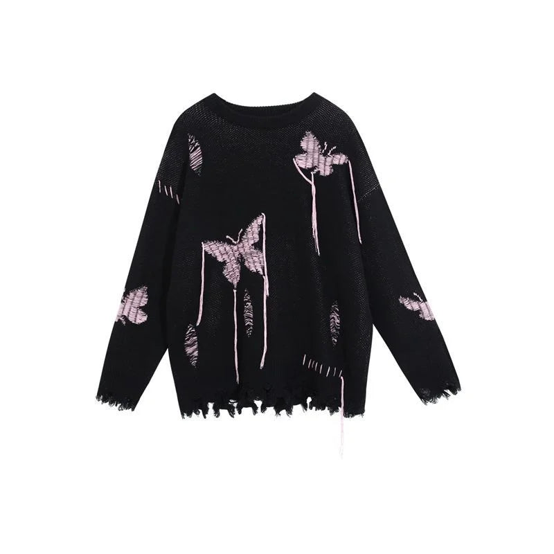 Deeptown Goth Punk Women's Ripped Knitted Sweater Gothic Vintage Jumper Grunge Y2k Knitwear Oversized Autumn Fashion Harajuku Street King Limited