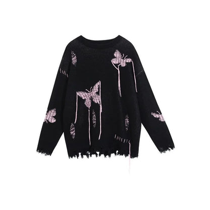 Deeptown Goth Punk Women's Ripped Knitted Sweater Gothic Vintage Jumper Grunge Y2k Knitwear Oversized Autumn Fashion Harajuku Street King Limited