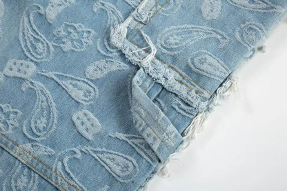 vintage high street washed light blue flared jeans cashew flower jacquard pattern rough edge jeans pants for men and women unique jeans style 935