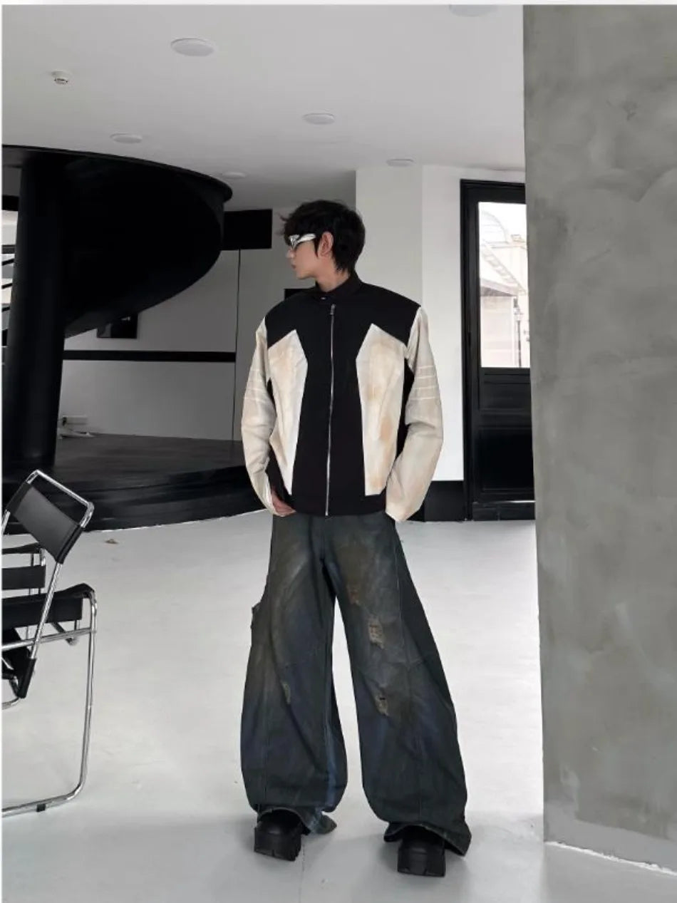 street american color block mens jacket 2024 new autumn zipper patchwork shoulder pads racing coats motorcycle windbreaker unique default style 3220