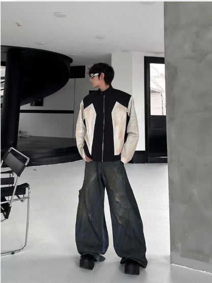 street american color block mens jacket 2024 new autumn zipper patchwork shoulder pads racing coats motorcycle windbreaker unique default style 3220