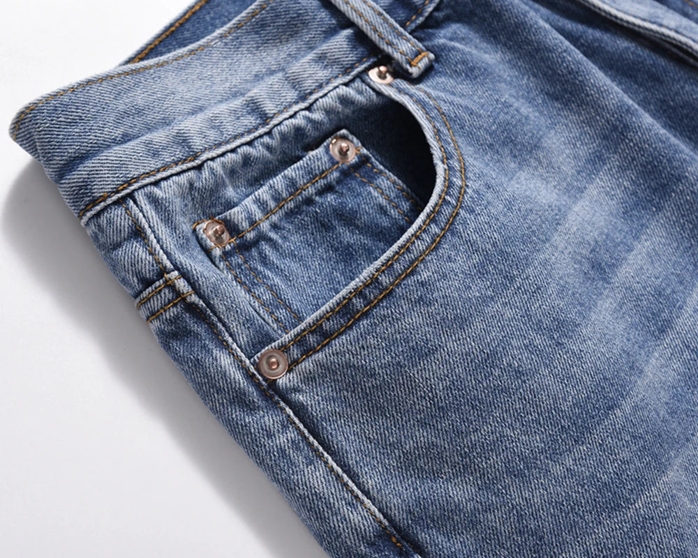 Vintage Washed Letter Embroidery Ripped Hole Blue Men's Jeans Straight Frayed Streetwear Hip Hop Loose Unisex Denim Trousers Street King Limited