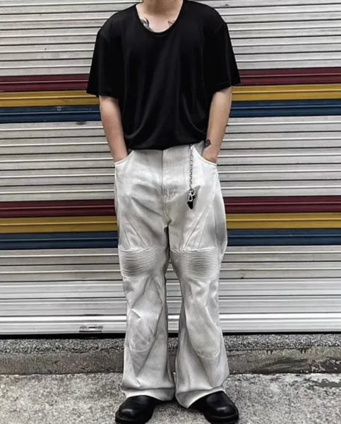 pleat patchwork dir wash racing pants mngu washed distressed white straight overalls dirfit loose trousers unique default style 1328