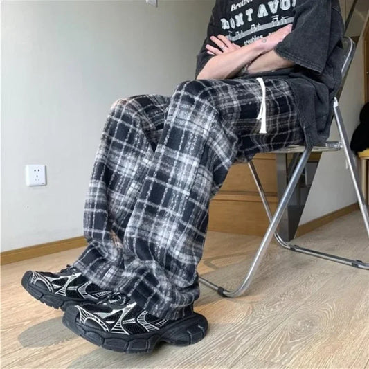 new mens y2k plaid casual baggy trousers autumn korean fashion straight woolen pants y2k vintage streetwear pantalones hombre relaxed fit trousers