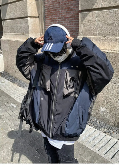 multi pocket bomber jacket men vintage loose varsity coat fashion korean patchwork baseball pilot outerwear unisex spring autumn unique default style 3733