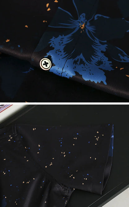 New 2021 luxury Men Classic Hibiscus Flowers Ink Fashion 50% Silk Casual Shirts Shirt high quality Pocket Short sleeves #A43 Street King Limited
