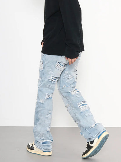 men distressed ripped destroied holes denim jean pants fashion zipper biker jeans streetwear flare pants joggers y2k men s jeans urban active pants