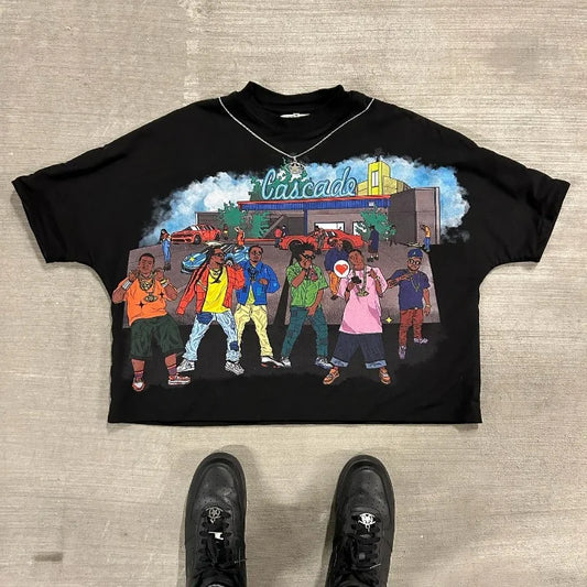 2024 New Spring and Autumn Fashion Cartoon Printed Oversized T-Shirt Women's Y2K Street Hip-Hop Harajuku Loose Short-Sleeved Top Street King Limited