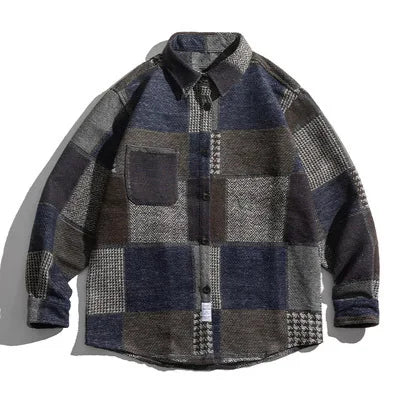 Autumn And Winter Japanese Vintage Splicing Plaid Shirt Men's Brushed Long-Sleeved Casual Thickened Versatile Woolen Shirt Street King Limited