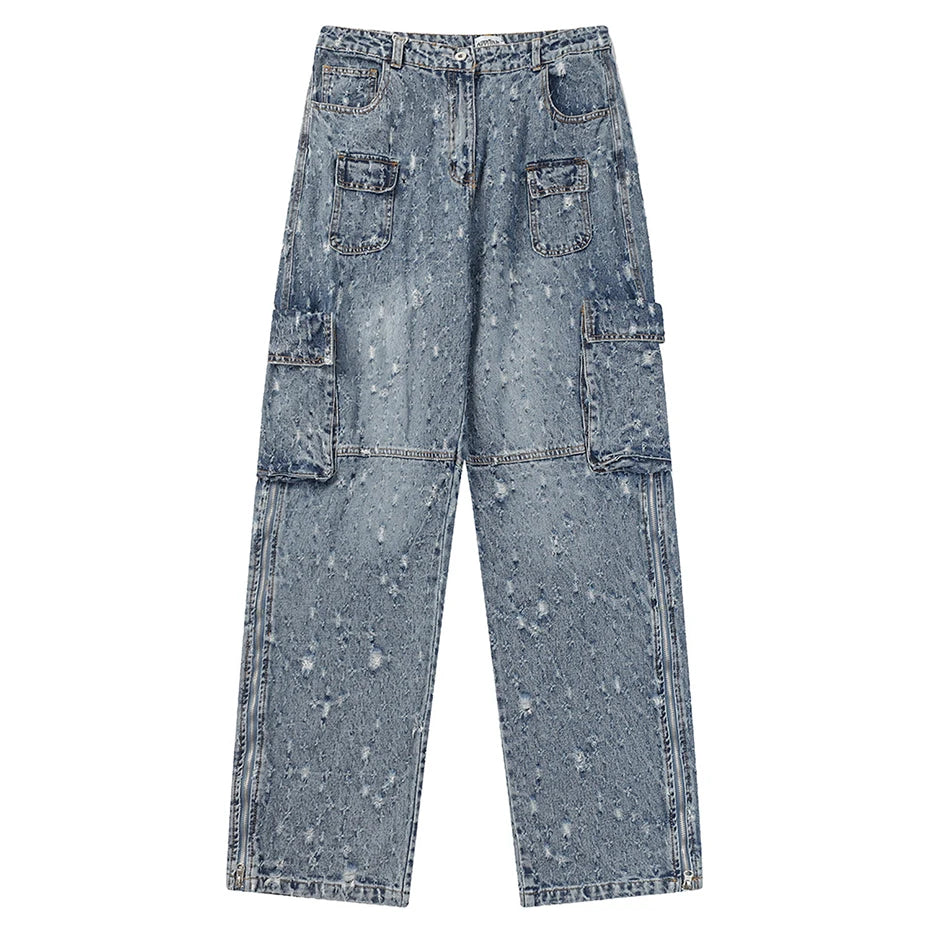 distressed ripped vintage blue baggy jeans men multi pocket cargo jeans casual loose denim pants streetwear harajuku jeans unique cargo style 5661