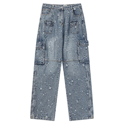 distressed ripped vintage blue baggy jeans men multi pocket cargo jeans casual loose denim pants streetwear harajuku jeans unique cargo style 5661