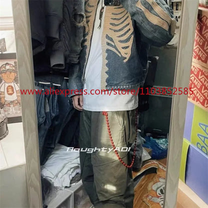 vintage mens long sleeved denim jacket high street oversized washed bone embedding tops clothing autumn winter 2024 heavyweight denim street jeans