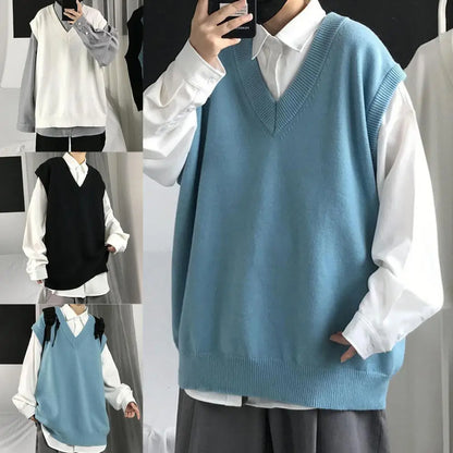 Men Sweater Vest V Neck Solid Color Sleeveless All Match Spring Sweater for School Male Pullovers Men's Clothing Streetwear Street King Limited