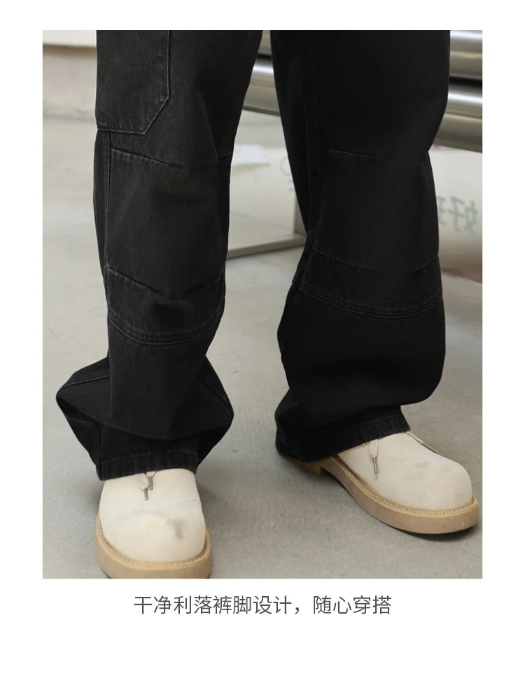 men american streetwear fashion loose casual hip hop wide leg black denim baggy jeans pants man y2k cargo jeans trousers unique cargo style 2216