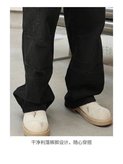 men american streetwear fashion loose casual hip hop wide leg black denim baggy jeans pants man y2k cargo jeans trousers unique cargo style 2216