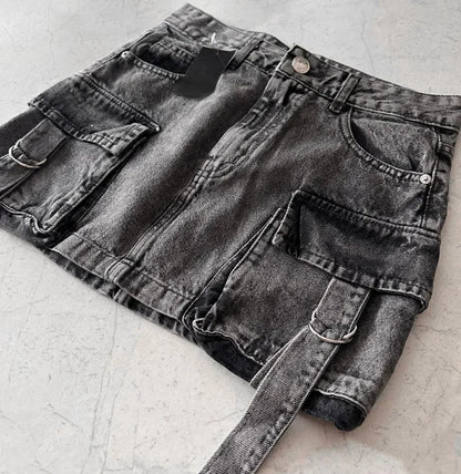 Vintage Y2K New Harajuku Multiple Pockets Denim Plaid Skirt Goth Black Mini Skir Fashion Womens Casual Versatile Sexy Streetwear Street King Limited