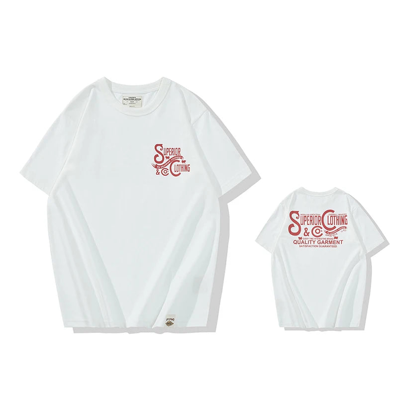 Vintage Amekaji Letter Printed T-shirt Men 2022 Spring Summer New Round Neck Short Sleeve Motorcycle T Shirt Cotton Tees Street King Limited