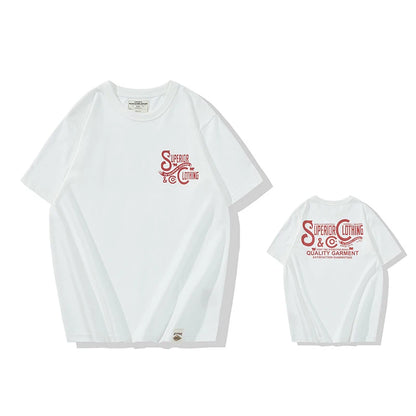 Vintage Amekaji Letter Printed T-shirt Men 2022 Spring Summer New Round Neck Short Sleeve Motorcycle T Shirt Cotton Tees Street King Limited