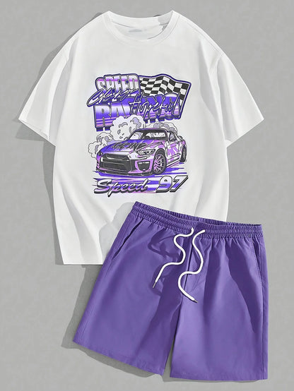 casual summer outfit set car graphic t shirts print shotr pants harajuku tracksuit streetwear purple sweatpants y2k men clothing sporty tapered joggers