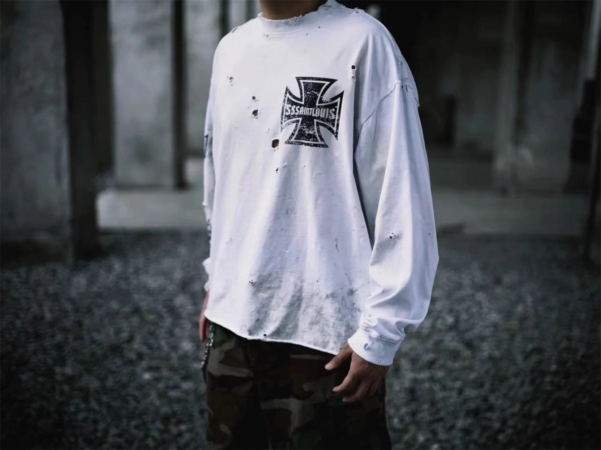 sssaint Louis Vintage Dirty Worn Distressed Cross Print High-Street Graffiti Long Sleeve T Shirt Pullover Summer Street King Limited