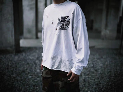 sssaint Louis Vintage Dirty Worn Distressed Cross Print High-Street Graffiti Long Sleeve T Shirt Pullover Summer Street King Limited