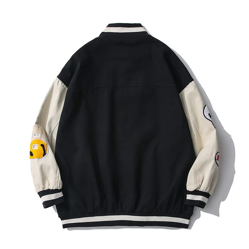 hip hop mens baseball jacket harajuku cotton streetwear embroidery letter funny smiley patchwork college jacket coat couple unique default style 63