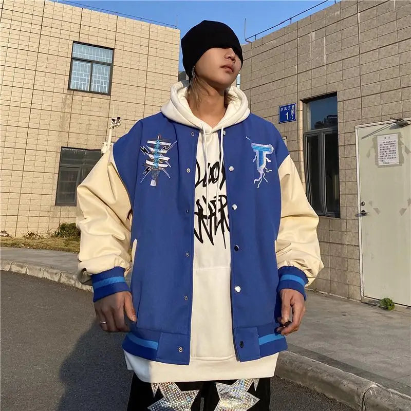 baseball jacket men women patchwork high street retro flocking letter cat coat spring autumn casual loose varsity jackets unisex unique default style 3816