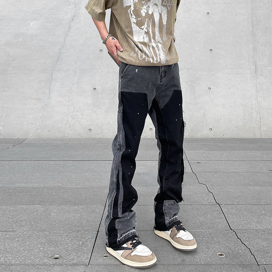 Harajuku Black Graffiti Flared Jeans Pants Patches Hip Hop Splashed Ink Wide Jeans Trousers Blue Slim Fit Washed Jeans for Men Street King Limited