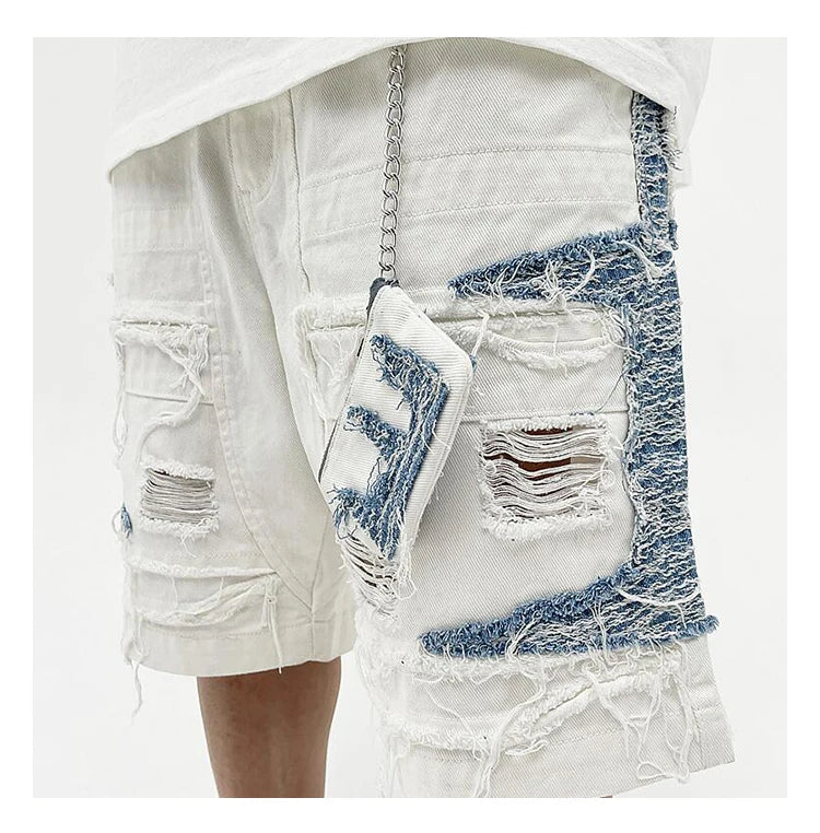 Mens High Street Denim Jean Shorts Casual Loose Destroyed Ripped Holes Loose Shorts Patchwork Hip Hop Streetwear Short Joggers Street King Limited
