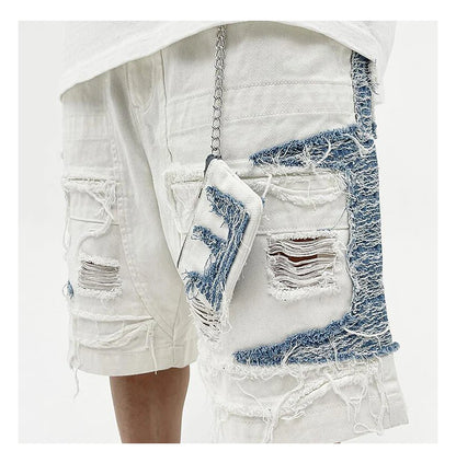 Mens High Street Denim Jean Shorts Casual Loose Destroyed Ripped Holes Loose Shorts Patchwork Hip Hop Streetwear Short Joggers Street King Limited