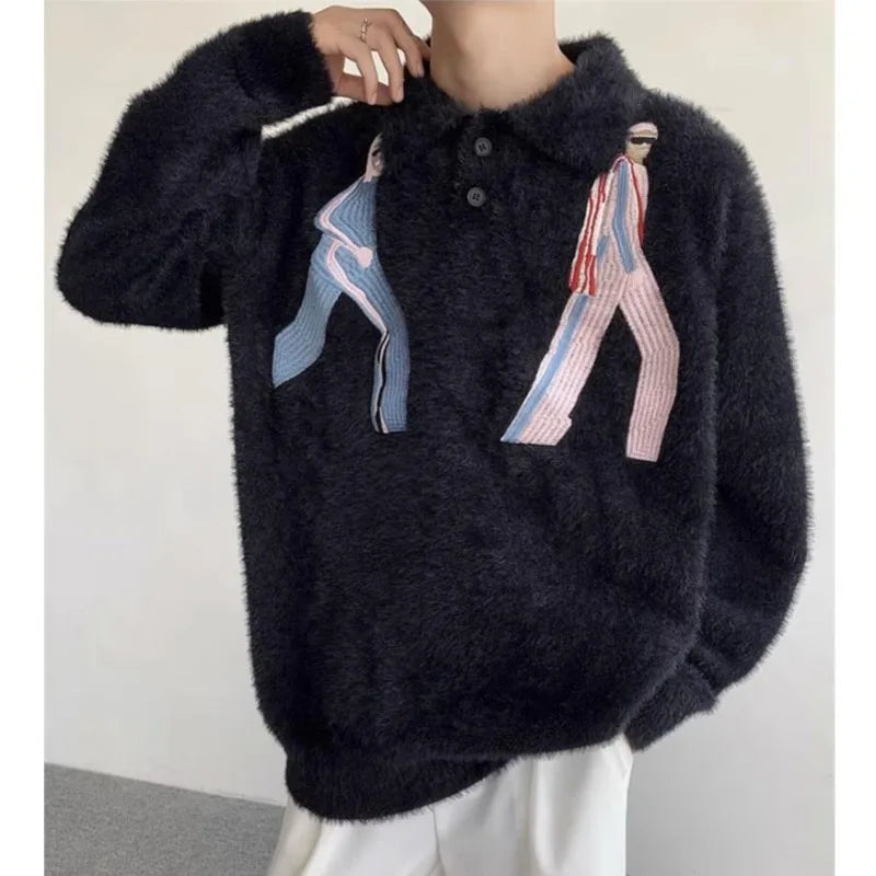 Korean Embroidery Lapel Sweater Mens Spring Street Trends Soft Seahorse Hair Loose Pullover Thickening Y2K Couple Knitwear New Street King Limited