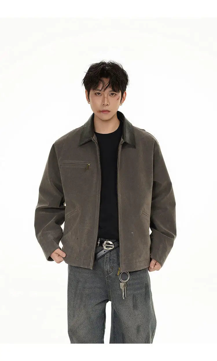 2025 american streetwear retro leather collar bomber jacket men loose casual fashion short cargo jacket spring autumn coat unique cargo style 452