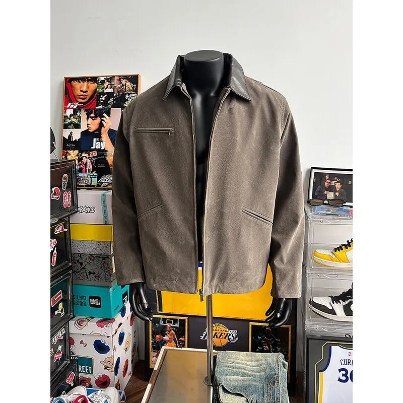 2025 american streetwear retro leather collar bomber jacket men loose casual fashion short cargo jacket spring autumn coat unique cargo style 457