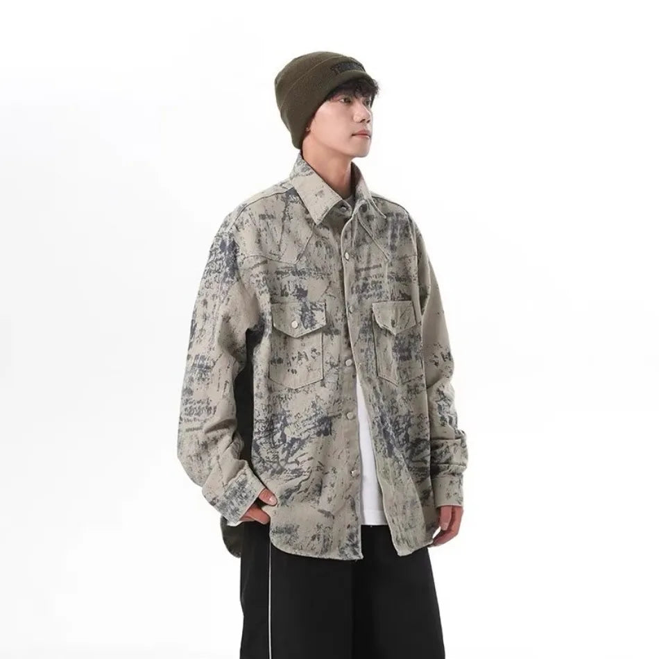 tie dye denim jacket mens new american high street multiple pockets washed cowboy coats fashion lapel loose tooling outwear unique jeans style 3322