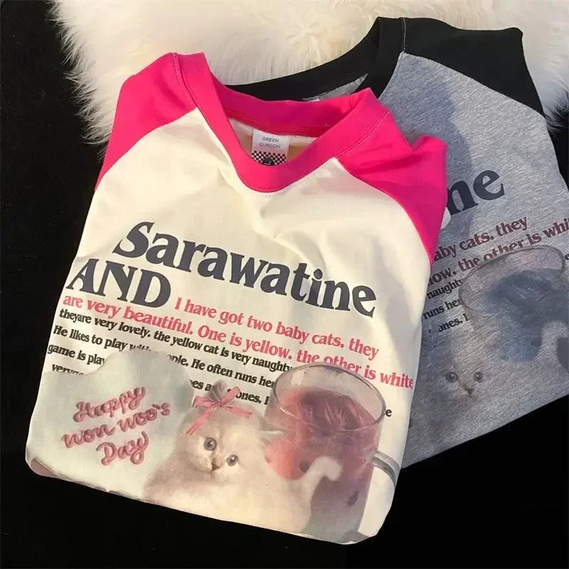 Pure cotton summer new cat print raglan sleeves short sleeved t-shirt women loose sweet splicing contrast color top ins tide Street King Limited