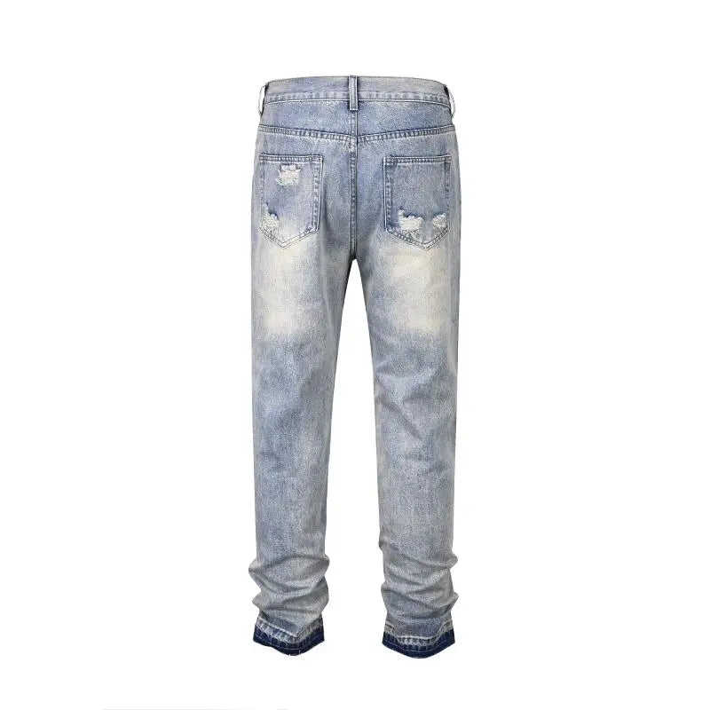 mens high street denim jean pants new casual blue slim ripped holes straight zipper jeans trousers hip hop streetwear joggers unique joggers style 5239