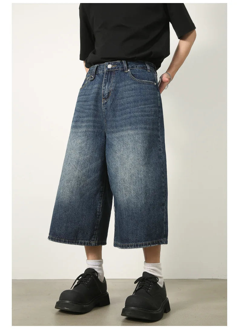 men summer streetwear fashion loose casual wide leg denim calf length jeans pants male vintage jeans baggy hosen pants unique jeans style 1470