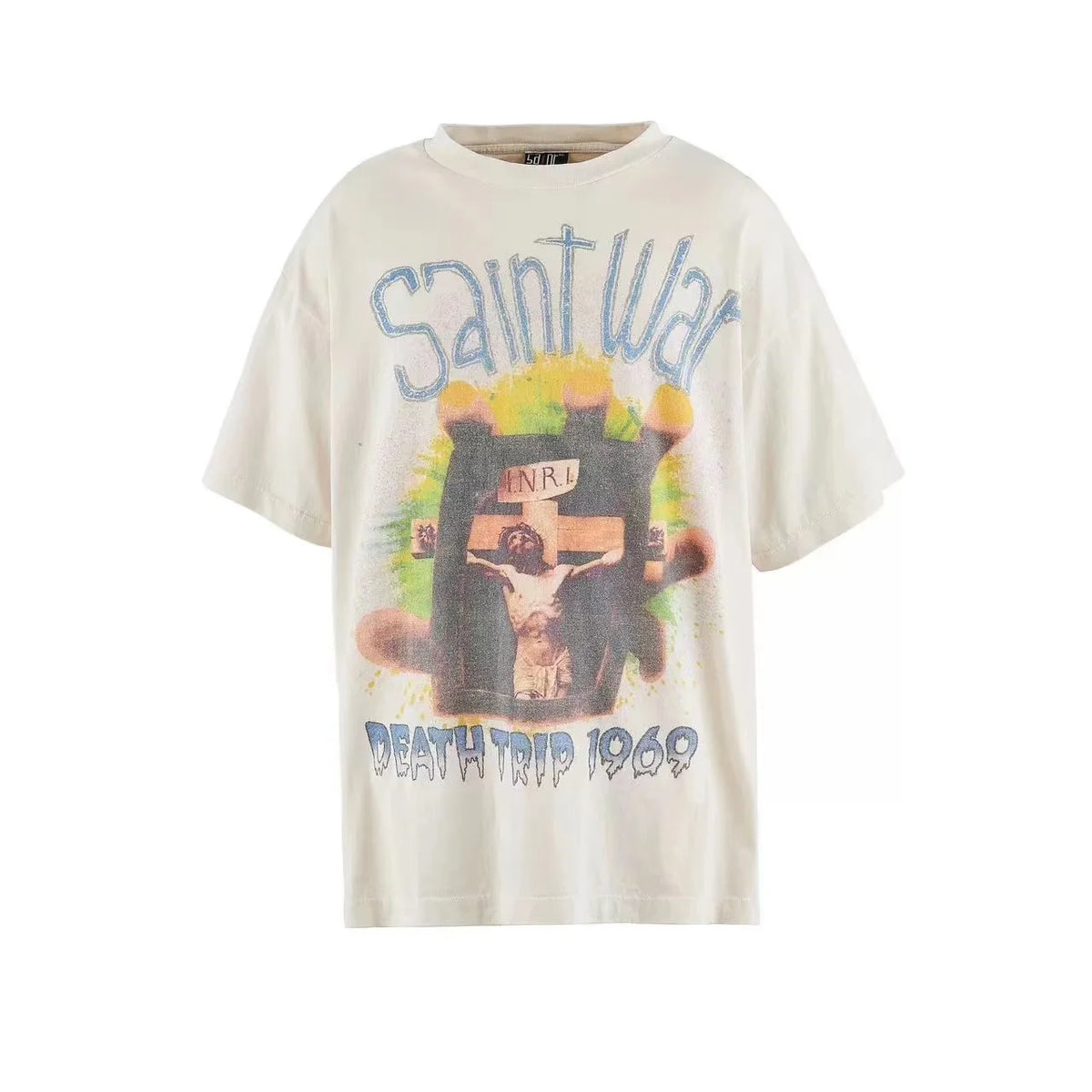 24SS New Vintage Retro Cross Printing Washed Distressed Short Sleeves T-Shirt Tops Street King Limited