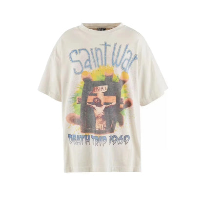 24SS New Vintage Retro Cross Printing Washed Distressed Short Sleeves T-Shirt Tops Street King Limited