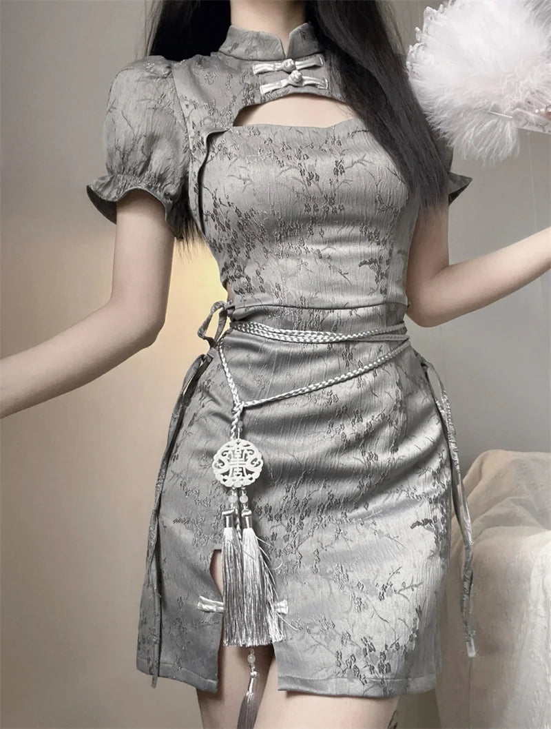 Vintage Chinese Style Cheongsam High Split Mini Dress 2024 Tie Dye Gothic Women Aesthetic Bandage Dresses Y2k Sexy Bodycon Robe Street King Limited