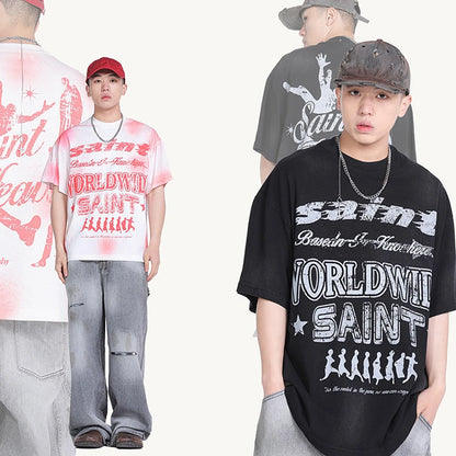 Black White Blue SAINT T-shirt Men Woman Good Quality Vintage Cartoon Pattern Printing Loose Casual Top Tees Street King Limited
