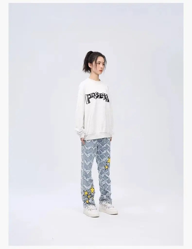 Y2K Star Embroidery Plaid Stacked Jeans Pants for Men Straight Women Hip Hop Denim Trousers Pantalon Homme Street Raw Edge Pant Street King Limited