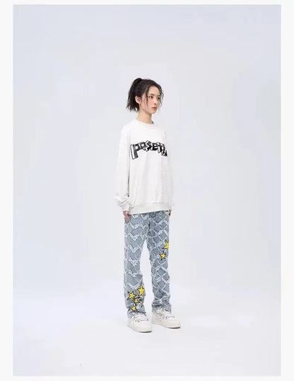 Y2K Star Embroidery Plaid Stacked Jeans Pants for Men Straight Women Hip Hop Denim Trousers Pantalon Homme Street Raw Edge Pant Street King Limited