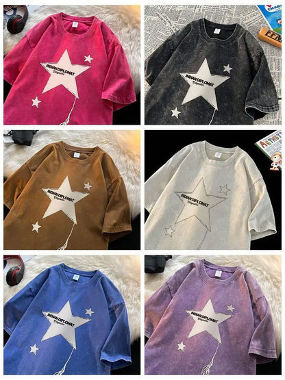 Five-pointed star American washed distressed short-sleeved T-shirt for men in summer loose heavyweight T-shirt trendy y2k tops Street King Limited