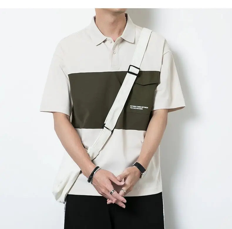 New polo shirt men's contrast color lapel spliced long sleeve t-shirt japanese large size loose sweatshirt bottoming shirt tops Street King Limited
