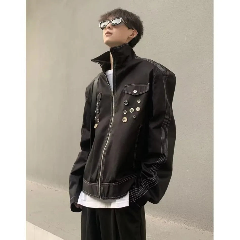 spring retro irregular button mens jacket shoulder pad design trend high street coats motorcycle fashion stand collar outwear unique default style 3861