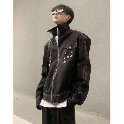 spring retro irregular button mens jacket shoulder pad design trend high street coats motorcycle fashion stand collar outwear unique default style 3861