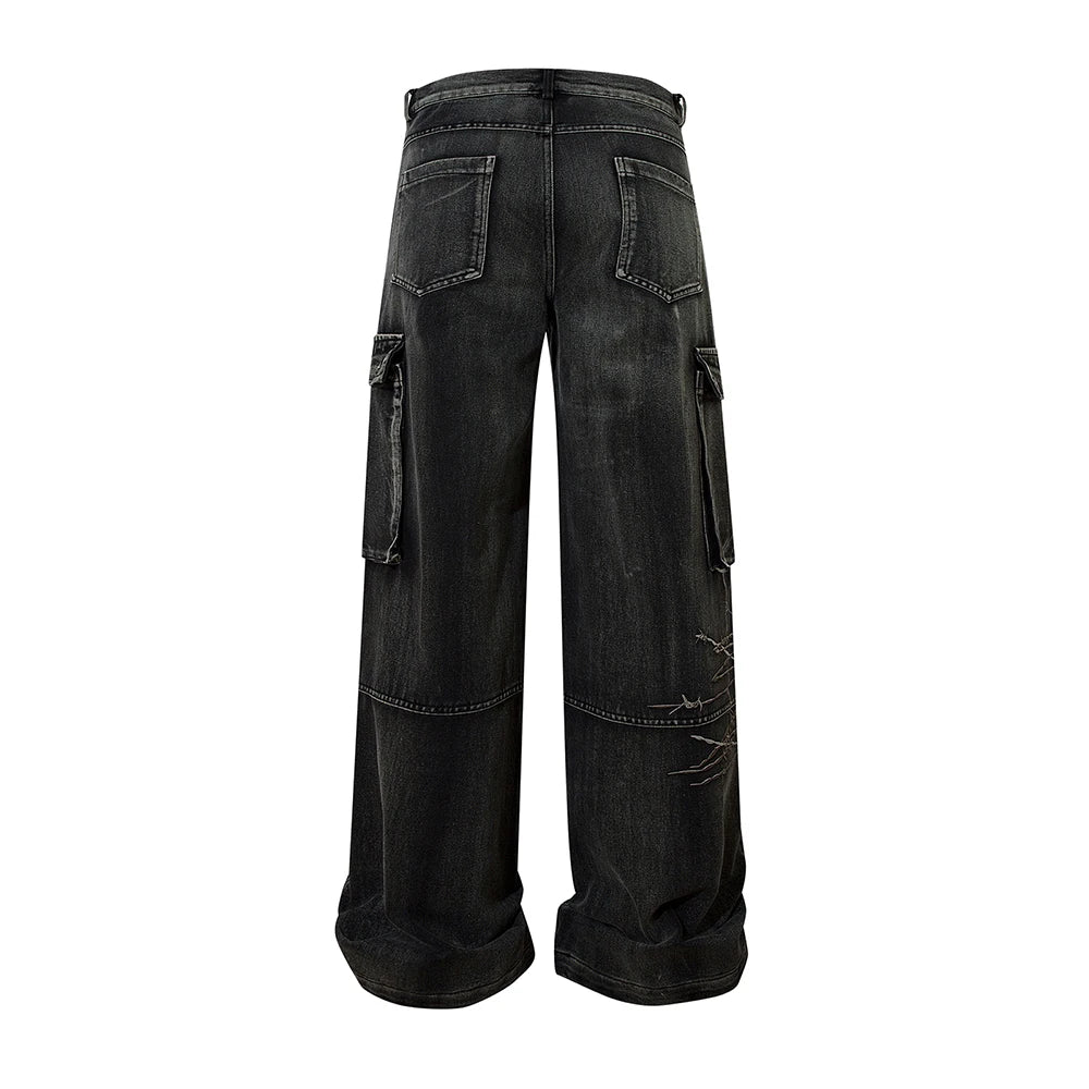 multi pockets embroidery washed baggy jeans for men and women straight ropa hombre casual cargo pants oversized denim trousers baggy cargo bottoms