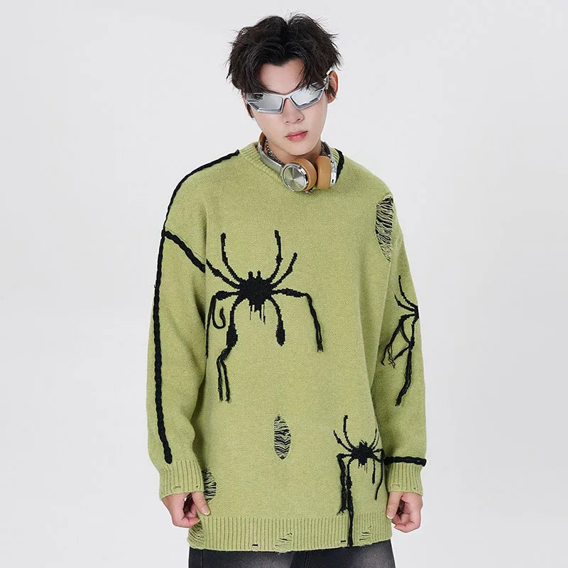 Men Ripped Sweater Goth Punk Spider Pattern Pullover Knitted Jumper Oversized Harajuku Frayed Sewing Tassels Knitwear Unisex Street King Limited