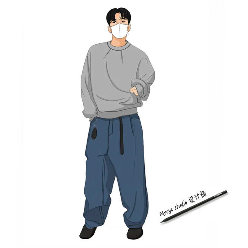 2024 Korean Fashion Crewneck Sweatshirts For Men Casual Design Pullover Y2K Hoodies Solid Color Streetwear Long Sleeve Tops Street King Limited